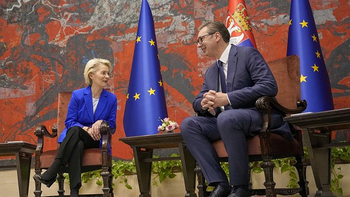 After greeting Macron in Belgrade, Serbia's Vučić sets off to meet von der Leyen in Prague