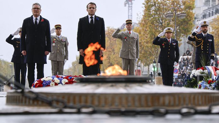 Macron and Starmer lay wreath at Paris' Tomb of the Unknown Soldier on Armistice Day