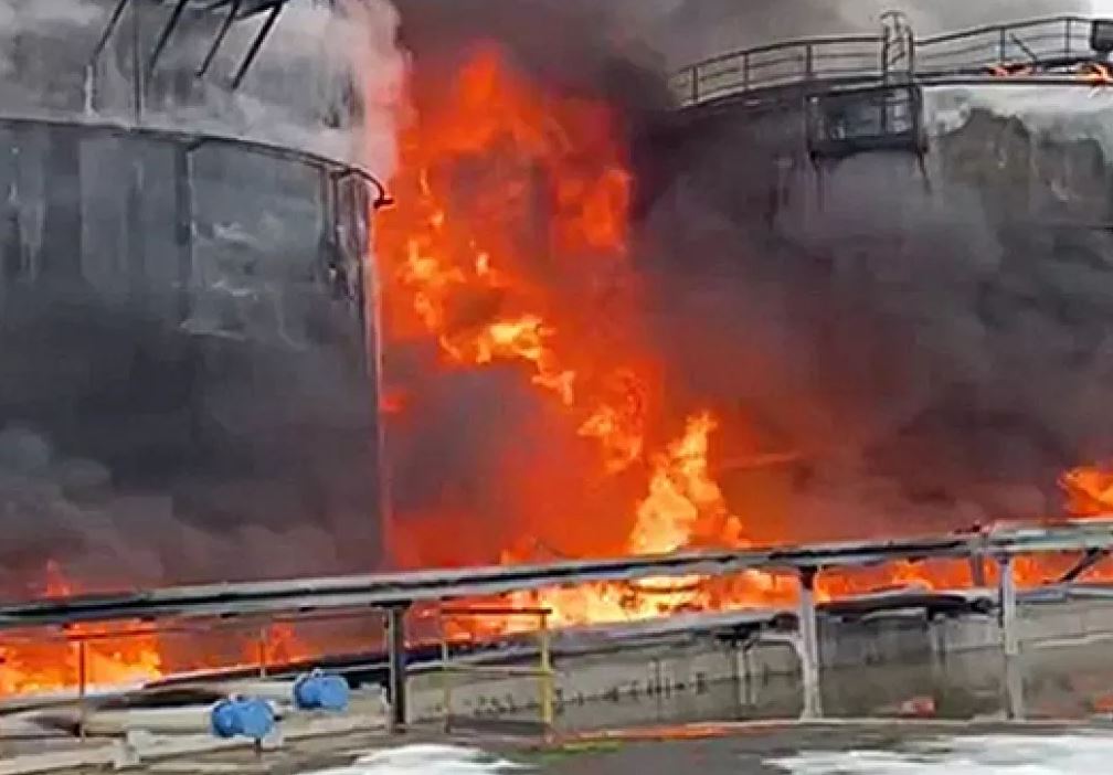 Russia’s Belgorod Oblast oil depot was on fire after unconfirmed Ukrainian drone strike, while three Russian bombs crash in region