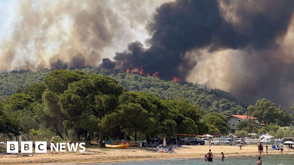 Beachgoers look on as wildfires burn in Greece