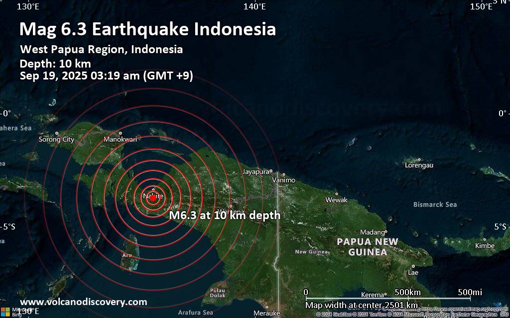 Very strong mag. 6.1 earthquake – South Papua, 28 km south of Nabire, Kabupaten Nabire, Central Papua, Indonesia, on Thursday, Sep 18, 2025, at 06:19 pm (Universal Time) – – Volcano Discovery