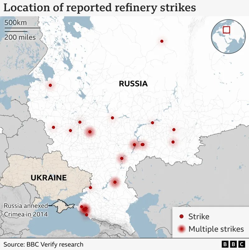 BBC Verify counts 21 Russian oil refineries hit since January — already 48% more than in all 2024