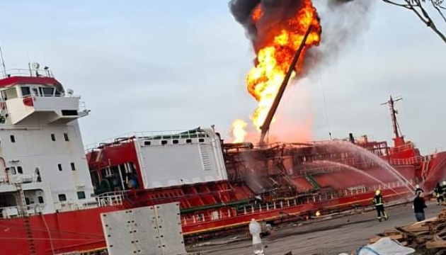Gas transfer equipment burning on board Turkish-flagged vessel after Russian attack on Izmail port