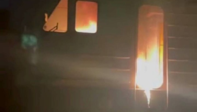 Partisans burn military electric locomotive on railroad tracks in Briansk