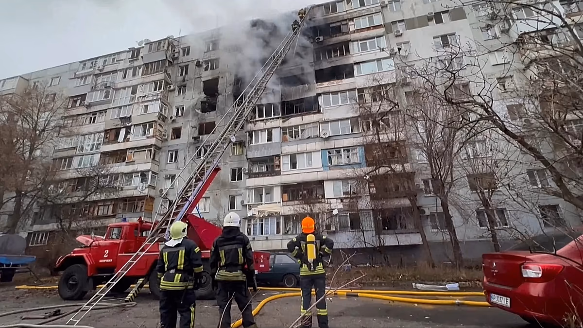 Russian drone strike hits Zaporizhzhia apartment block and injures three