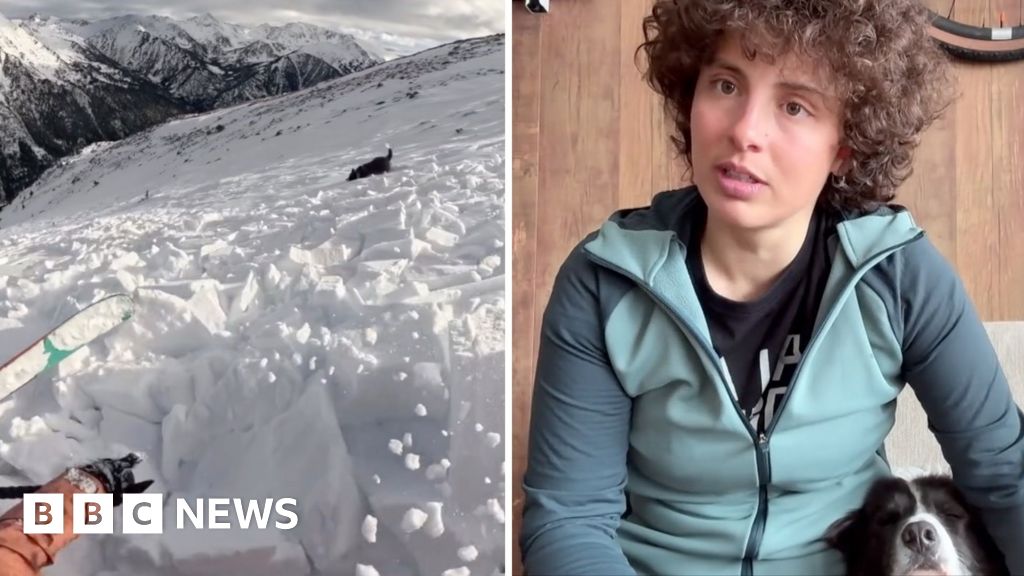 Moment skier and dog swept along by avalanche