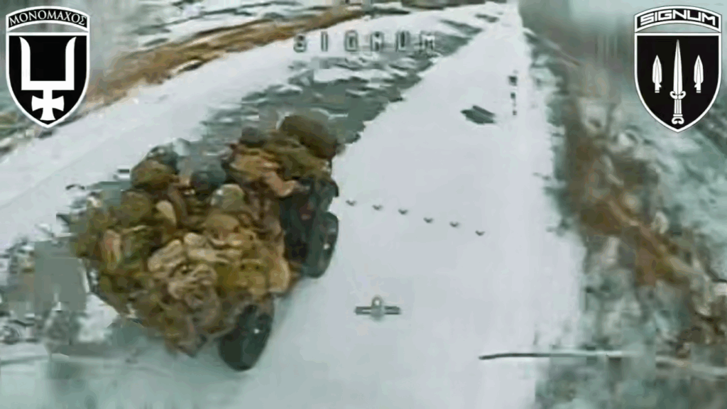Ukrainian drones catch Russian quad bike assault in blizzard near Yampil (VIDEO)