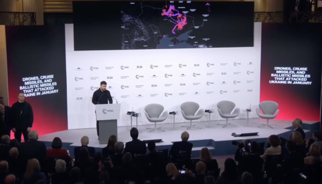 Zelensky in Munich demonstrates visualization of Russia’s massive strike on Ukraine