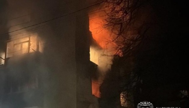 Russian drone hits apartment building in Chuhuiv, fire breaks out, three women injured