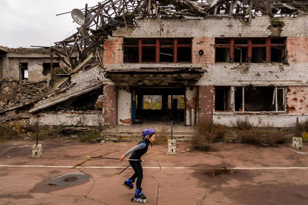 Ukraine’s young skiers practice in a bombed-out Olympic training base