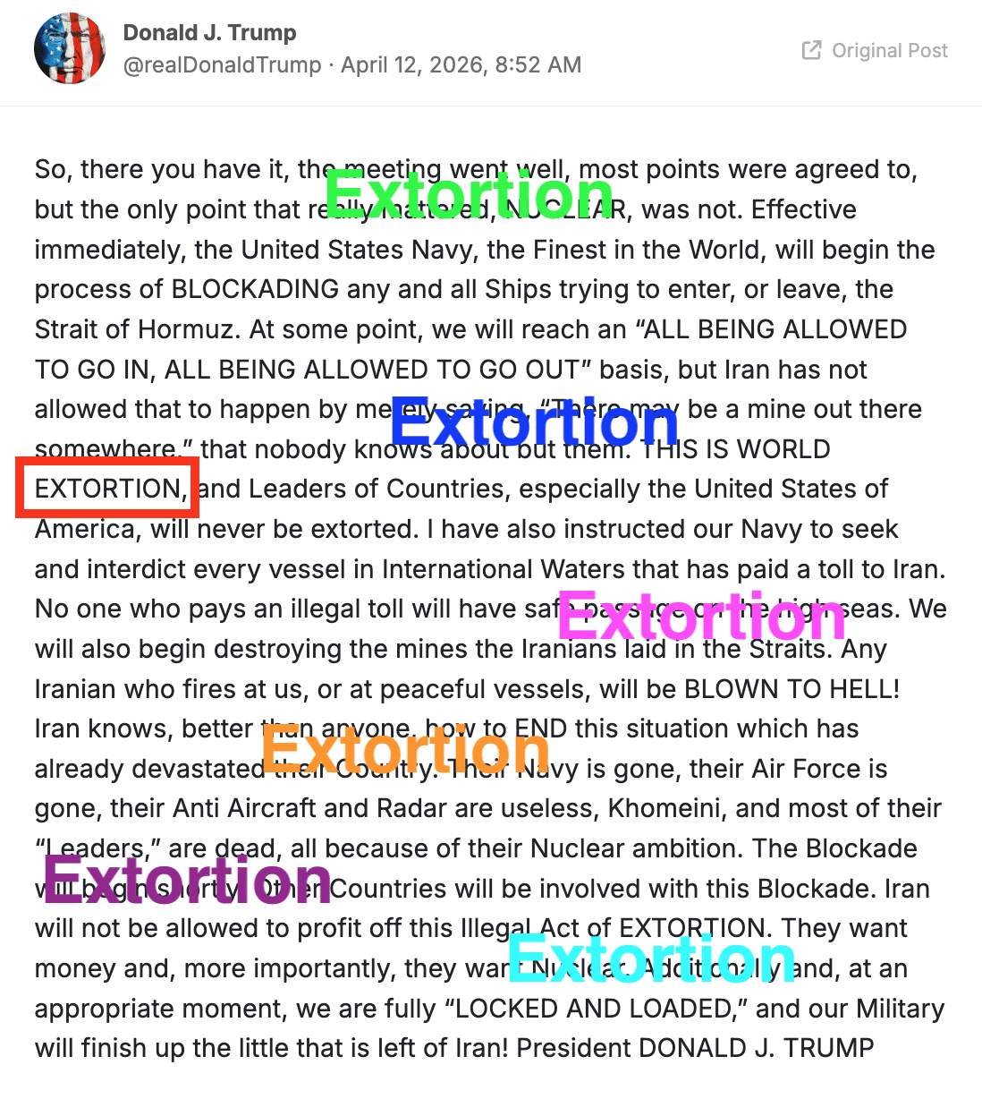 Having Failed to Win a “Marathon” [sic] without Training, Trump Announces Blockade of Iran’s Blockade