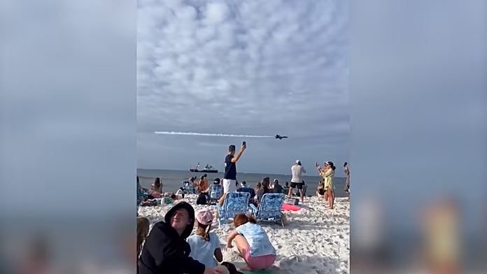 Watch: US Navy Blue Angels' low flyover leaves beachgoers stunned